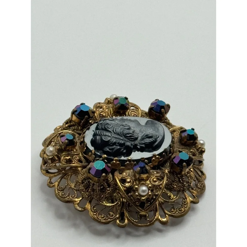 Vintage West Germany Cameo Brooch AB Rhinestone Faux‎ Pearl Filigree Brooch